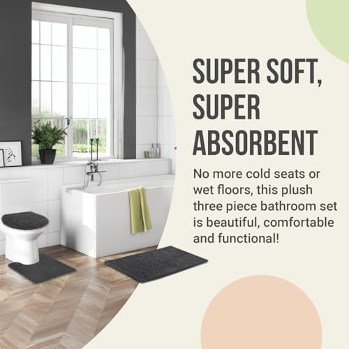 ITSOFT Standard 3pc Non-Slip Shaggy Chenille Bathroom Mat Set, Includes 24"x21" U-Shaped Contour Toilet Rug, 34"x21" Bathmat and 1 Toilet Lid Cover, Chocolate Brown