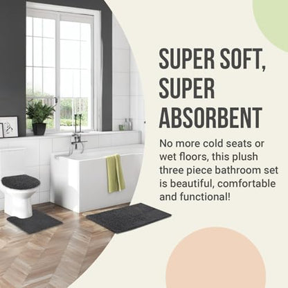 ITSOFT Standard 3pc Non-Slip Shaggy Bathroom Mat Set, Includes 24"x21" Inches U-Shaped Contour Toilet Rug, 34"x21" Inches Bathmat and 1 Toilet Lid Cover, Sage Green