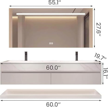60" Bathroom Vanity with Sink, Double Sink Bathroom Vanity with Smart LED Defog Mirror, Ceramic Sink, Wall Mounted Floating, Soft Closing, Fully Pre-Assembled, Ample Storage, Mirror Set