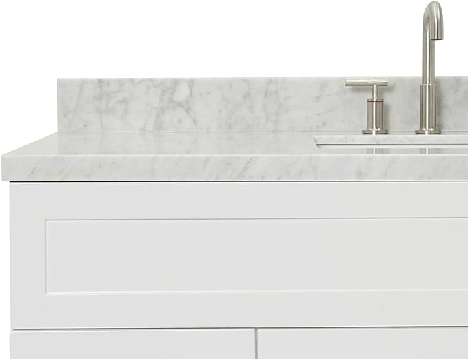 DKB Bradford 54" White Bathroom Vanity, 1.5" Edge Italian Carrara Marble Countertop, Rectangular Undermount Sink, 2 Soft Closing Doors, 4 Dovetail Drawers