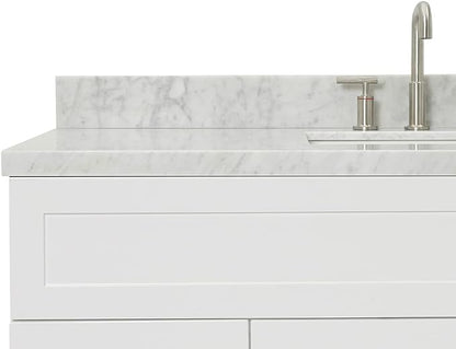 DKB Bradford 54" White Bathroom Vanity, 1.5" Edge Italian Carrara Marble Countertop, Rectangular Undermount Sink, 2 Soft Closing Doors, 4 Dovetail Drawers
