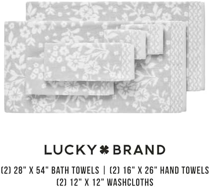 Lucky Brand Folk Floral 6 Piece Bath Towel Set - (2) Bath Towels, (2) Hand Towels, and (2) Washcloths - Glacier Grey Premium Bathroom Towel Set