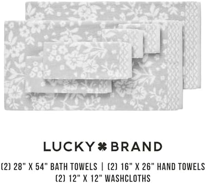 Lucky Brand Folk Floral 6 Piece Bath Towel Set - (2) Bath Towels, (2) Hand Towels, and (2) Washcloths - Glacier Grey Premium Bathroom Towel Set