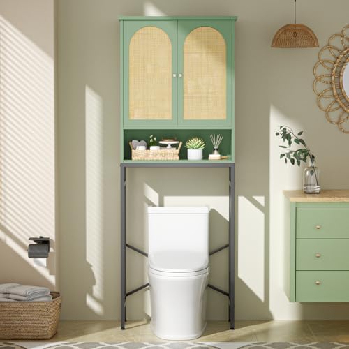 Befrases Rattan Toilet Storage Cabinet, Over the Rack Wood Cabinet with Metal Stand, Bathroom Organizer with Adjustable Shelf, Space Saving Cupboard for Small Bathrooms, Washer Shelf, Green