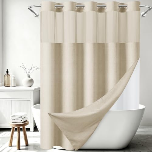 WONICY No Hook Shower Curtain with Snap-in Liner, Cream, 71 x 74