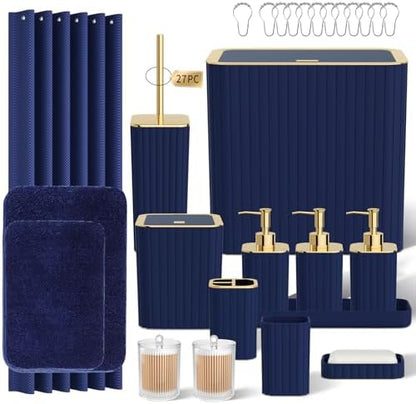 Bathroom Accessory Set - Bathroom Set, 12PC Bathroom Accessories Set, Navy Blue Bathroom Accessories Set, Mini Trash Can, Toilet Brush, Trash Can & Soap Dispenser