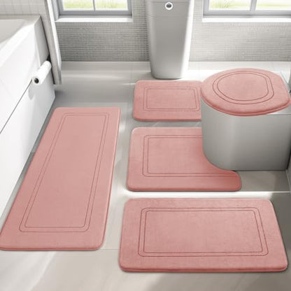 YIHOUSE Pink Memory Foam Bath Mat Set 5 Pieces, Non Slip, Absorbent, Washable, Soft, Comfortable, Rectangular Bathroom Rugs