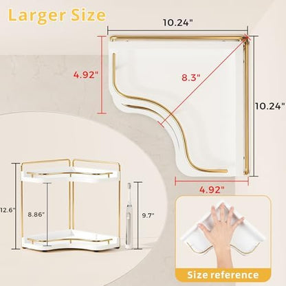 2-Tier Corner Bathroom Counter Organizer, Larger, White Gold