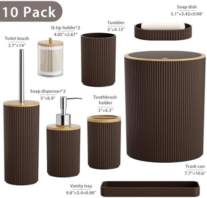 10PC Bathroom Accessories Set - Brown and Wooden Bathroom Sets