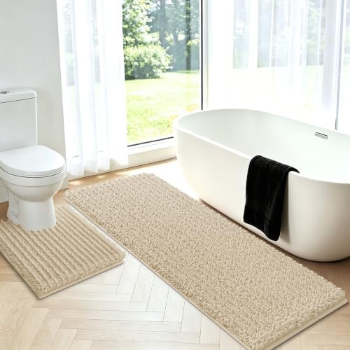 ACCUMTEK Upgrade Luxury 2 Piece Beige Toilet Bathroom Rug Mat U Shape 24"x20"+48"x20", Ultra Soft Thick Absorbent Bath Mats, Non Slip Chenille Toilet Mat for Bathroom, Bedroom, Kitchen, Shower, Tub