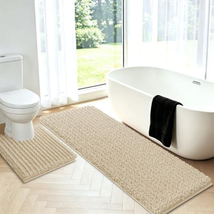 ACCUMTEK Upgrade Luxury 2 Piece Beige Toilet Bathroom Rug Mat U Shape 24"x20"+48"x20", Ultra Soft Thick Absorbent Bath Mats, Non Slip Chenille Toilet Mat for Bathroom, Bedroom, Kitchen, Shower, Tub