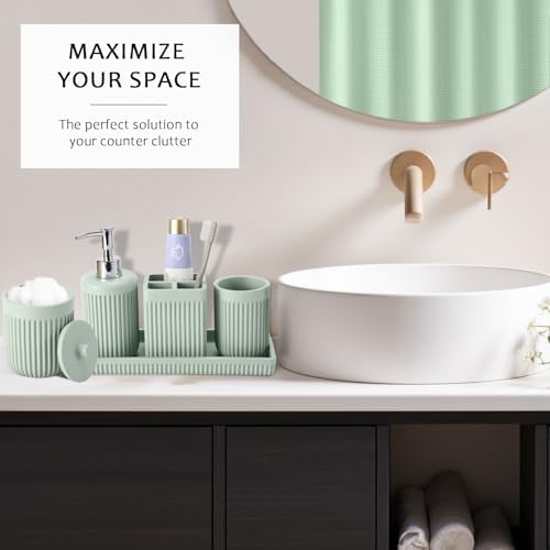 XLHOMO Light Green Bathroom Sets with Shower Curtain and Rugs, 8-Piece Resin Bathroom Accessories Sets Complete, Soap Dispenser, Toothbrush Holder, Tumbler, Tray & Apothecary Jars Bathroom Essentials
