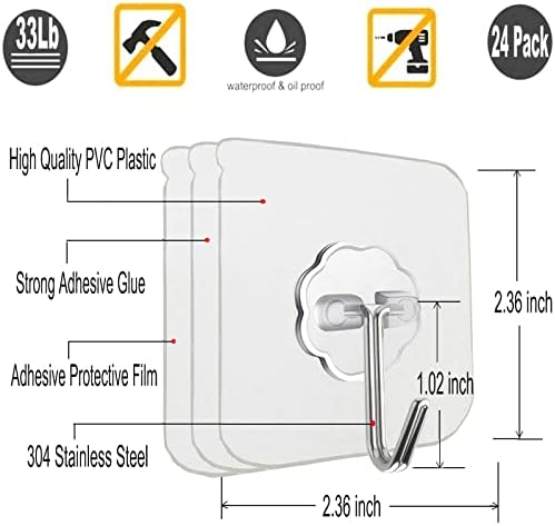 24 Pack Adhesive Wall Hooks 33LB Heavy Duty No Drill Clear Sticky Hooks