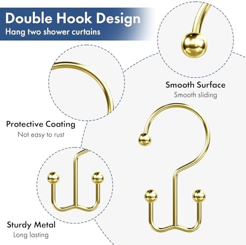 Bathway Shower Curtain Hooks Gold Shower Curtain Rings, 12 Pcs Double Hook Shower Curtain Hooks Rings Shower Curtain Hangers Rust Proof, Metal Shower Hooks for Bathroom Shower Curtain Rod