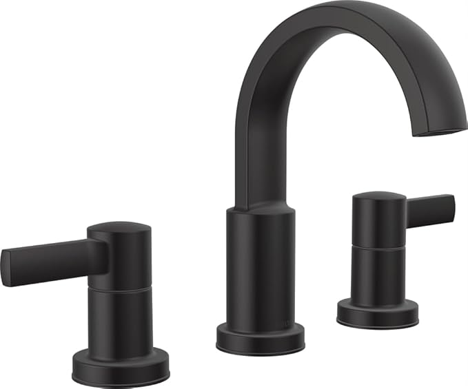Delta Albion Matte Black Bathroom Faucet 3 Hole, 8 Inch Widespread Bathroom Sink Faucet for Vanity, Metal Push-Pop Drain Assembly, Matte Black 35855LF-BL