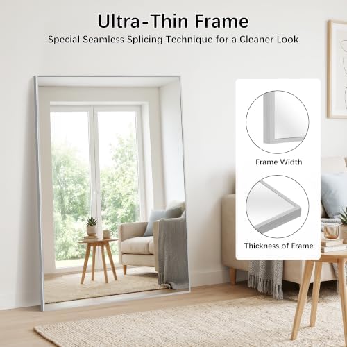 DESBING 60" x 40" Bathroom Mirror, Silver Metal Frame Wall Mirror