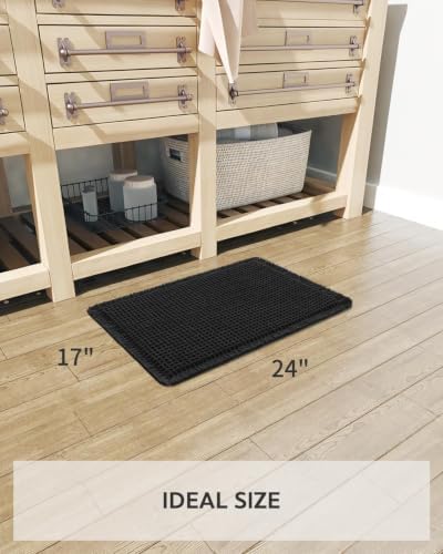 tchdio Waffle Bath Mat Rug, Super Absorbent Non Slip Bath Mats Ultra Soft Bathmat Machine Washable Bathroom Rugs with Tassels, Bath Rugs for Bathroom Floor Beside Tub, 17" x 24", Black