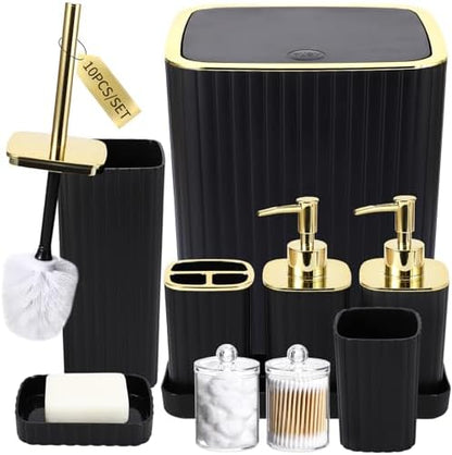 XLHOMO Bathroom Accessories Set - Gorgeous Black Bathroom Set, 10PC Bathroom Accessory Set, Toilet Brush, Trash Can, Qtip Holder & Soap Dispenser