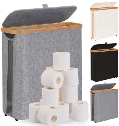 Toilet Paper Storage Basket with Lid - The Ultimate Bathroom Organizer, Free Standing Toilet Paper Holder for Up to 12 Mega Rolls, Toilet Tissue Storage Bin with Handle for RV Closet, Grey