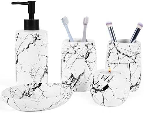 Ceramic Bathroom Accessory Set, 5-Piece Bathroom Accessory Set, Soap Dish, Toothbrush Holder, Soap Dispenser, Bathroom Tumbler & Candle Holder - Modern Bathroom Organizer, (White & Black)