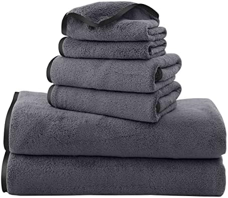 TENSTARS Luxury Silk Hemming Towel Set - Light Thin Quick Drying - 2 Bath Towels 2 Hand Towels 2 Washcloths - Ultra Soft Microfiber, for Bath Fitness, Sports, Yoga, Travel (Dark Grey 6 Pieces)