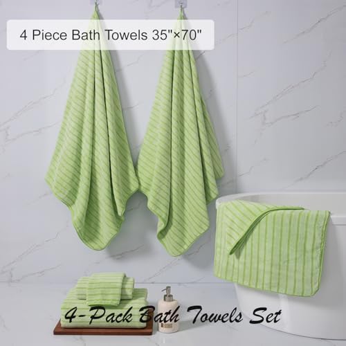4 Pcs Grass Green Cabana Stripe Large Bath Towels 35"x70" Oversized Bath Sheet Soft Breathable Jumbo Bathroom Towels Highly Absorbent Shower Towel Quick Dry Beach Chair Towel Spa Gym Hotel Towel Set
