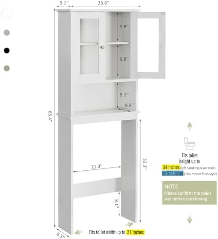 Over The Toilet Storage Cabinet for Bathroom, White Storage Organizer Over Toilet, Space Saver with Tempered Glass Doors, White