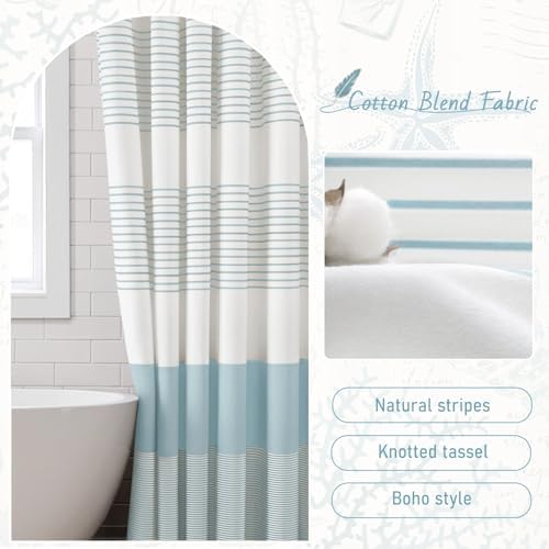 Aqua Blue Coastal Ocean Cotton Striped Shower Curtain with Tassel 72W X 72L