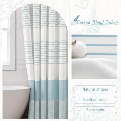 Aqua Blue Coastal Ocean Cotton Striped Shower Curtain with Tassel 72W X 72L