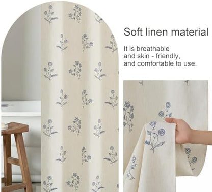 ORTIGIA Linen Shower Curtain Farmhouse Vintage Blue Floral Shower Curtains Navy Boho Rustic Block Print Cottagecore Decor for Bathroom 72 W x 72 L