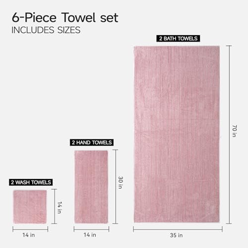 REDKISS 6-Piece Microfiber Bath Towel Set, Ultra Soft, Highly Absorbent & Quick Dry, 35x70 Inch Oversized, Pink Towels for Bathroom, Spa, Gym, 2 Bath 2 Hand 2 Washcloths