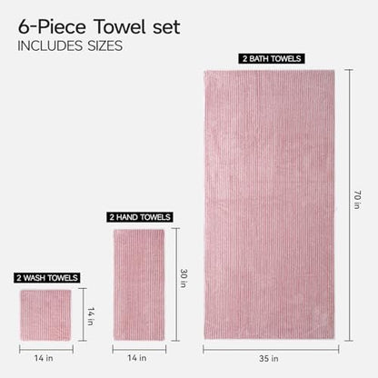 REDKISS 6-Piece Microfiber Bath Towel Set, Ultra Soft, Highly Absorbent & Quick Dry, 35x70 Inch Oversized, Pink Towels for Bathroom, Spa, Gym, 2 Bath 2 Hand 2 Washcloths