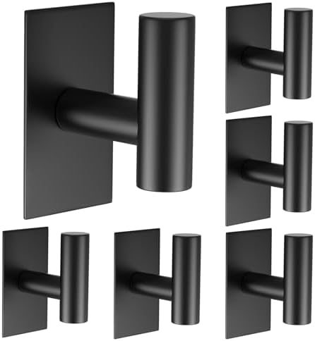 VAEHOLD Wall Towel Hooks, Heavy Duty Sticky Holder Waterproof Towel Hooks for Hanging Coat, Clothes, Closet Hook Wall Mount for Kitchen (Black, 6 Pack)