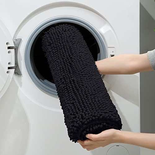 HOMEIDEAS Black Long Chenille Bathroom Rugs Set of 3, Non Slip Bath Mat
