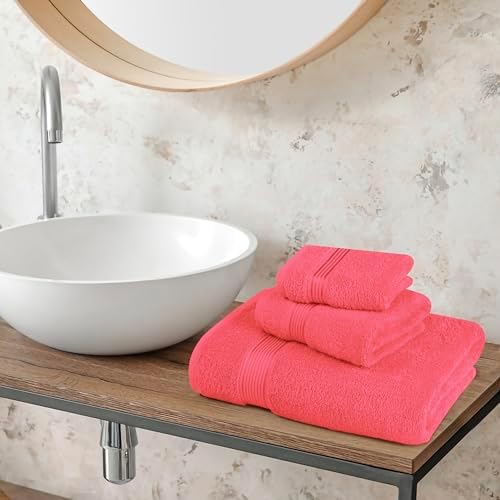 Belizzi Home Ultra Soft 3 Pack Cotton Towel Set, Contains a Bath Towel 28x55 inch, a Hand Towel 16x24 inch & a Wash Coth 12x12 inch, Ideal Everyday use, Compact & Lightweight - Coral Orange