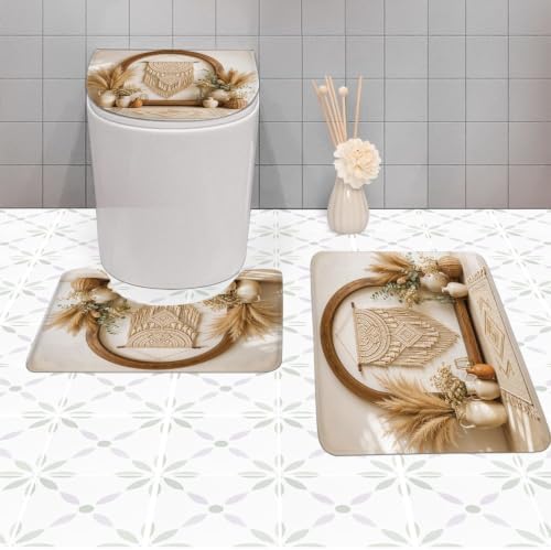 SVBright 4PCs Boho Bathroom Sets Bohemian Shower Curtain Set 72Wx72H Vases and Pampas Grass Bathroom Rug Quick Dry Bath Rug Mat Toilet Mat U-Shape Cover Nonslip Washroom Decor Shower Accessories