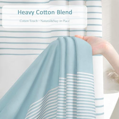 Aqua Blue Coastal Ocean Cotton Striped Shower Curtain with Tassel 72W X 72L