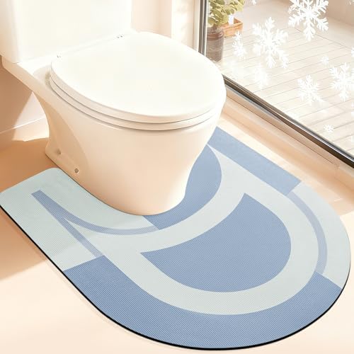 ACCUMTEK Non Slip Bath Mat, Thin Bathroom Rugs Fit Under Door, Quick Dry Bath Mats, Machine Washable Bath Rugs for Bathroom, Bathtub & Kitchen, Blue/Bordered/U-Shaped 24"x20"