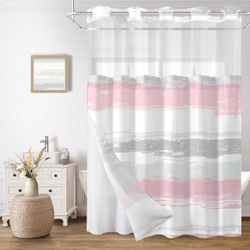 No Hook Shower Curtain with Liner, Pink Stripe, 71x74 Inch
