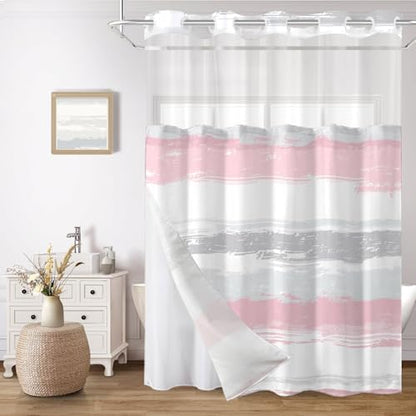 No Hook Shower Curtain with Liner, Pink Stripe, 71x74 Inch