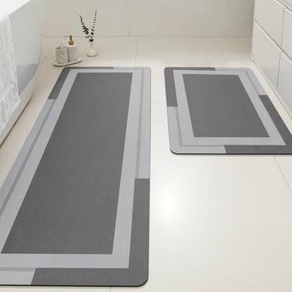 ACCUMTEK Non Slip Bath Mat, Thin Bathroom Rugs Fit Under Door, Quick Dry Bath Mats, Machine Washable Bath Rugs for Bathroom, Bathtub & Kitchen, Bathtub, Grey/Bordered/24 x17+48"x20"