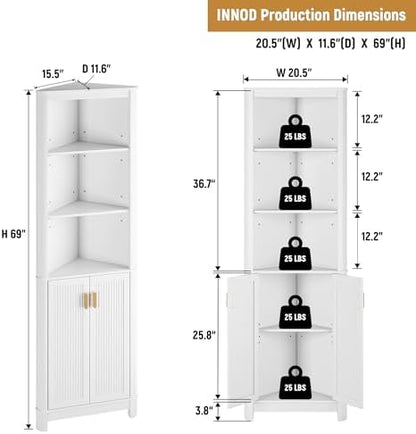 INNOD 69" Tall Corner Shelf with Doors, 6-Tier Corner Storage Cabinet with Doors, Space Saver Shelf for Bathroom, Bathroom Floor Cabinet for Living Room Kitchen, Hallway