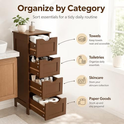 VINGLI 4-Drawer Bathroom Storage Cabinet, Slim Freestanding Floor Cabinet Organizer, 11.8" W x 11.8" D x 32.1" H, Narrow Linen Cabinet for Toiletries, Towels, Toilet Paper, Walnut Brown