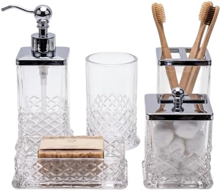 JKE Heavy Glass 5Pcs Bath Accessory Set Transparent Vintage