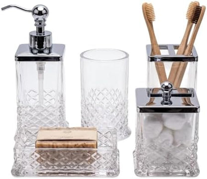 JKE Heavy Glass 5Pcs Bath Accessory Set Transparent Vintage
