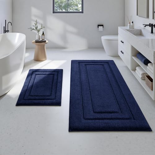 HOMEIDEAS Bathroom Rugs Sets 2 Piece, Soft Extra Long Bath Mat Navy Blue