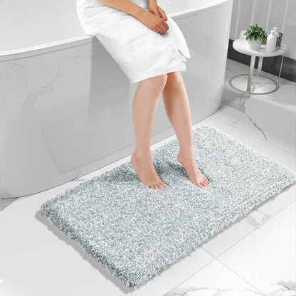 Yimobra Luxury Bathroom Rugs, Fluffy Bath Mats, Non Slip, Water Absorbent Microfiber, Machine Washable, Plush Runner Shower Rugs, Thick Matts for Bathroom Floor/Tub, 47"x 24", Sky Light Blue and White