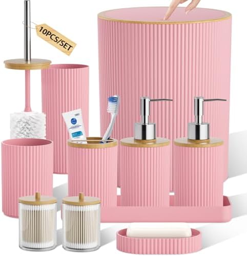 10PC Bathroom Accessories Set - Pink and Wooden Bathroom Sets