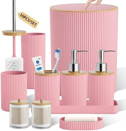10PC Bathroom Accessories Set - Pink and Wooden Bathroom Sets