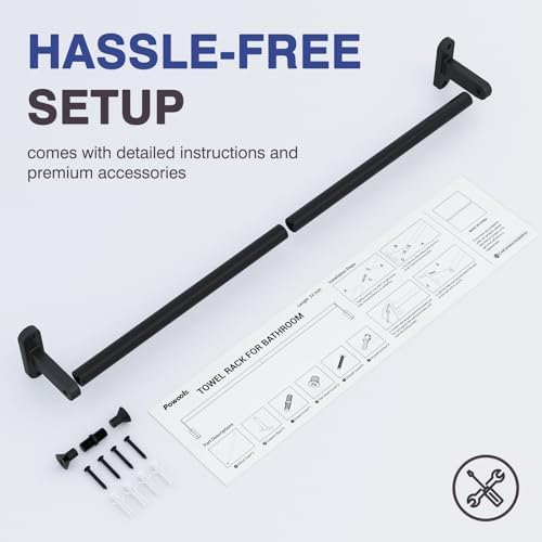 Powools Matte Black 24"-2 Towel Rack, Rustproof Wall Mounted Towel Bar
